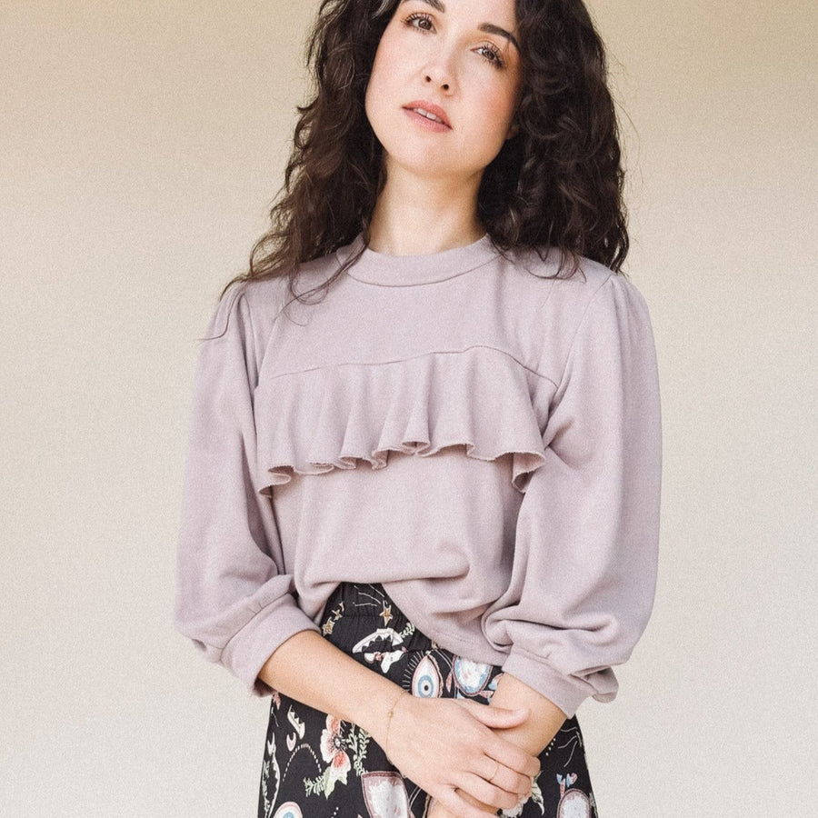 CORA Ruffle Cropped Sweatshirt in Velour Dusty Lilac