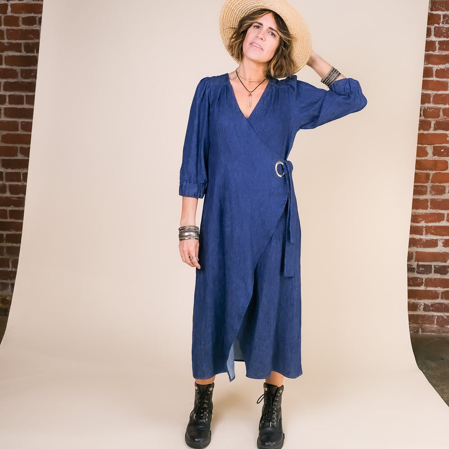 ANDI Adjustable Wrap Dress in Denim Blue