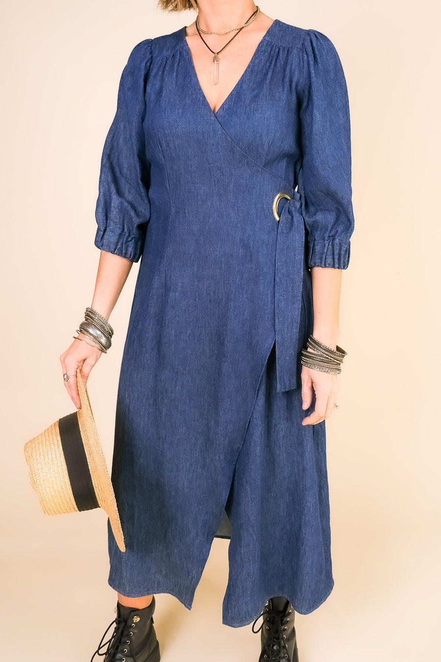 ANDI Adjustable Wrap Dress in Denim Blue