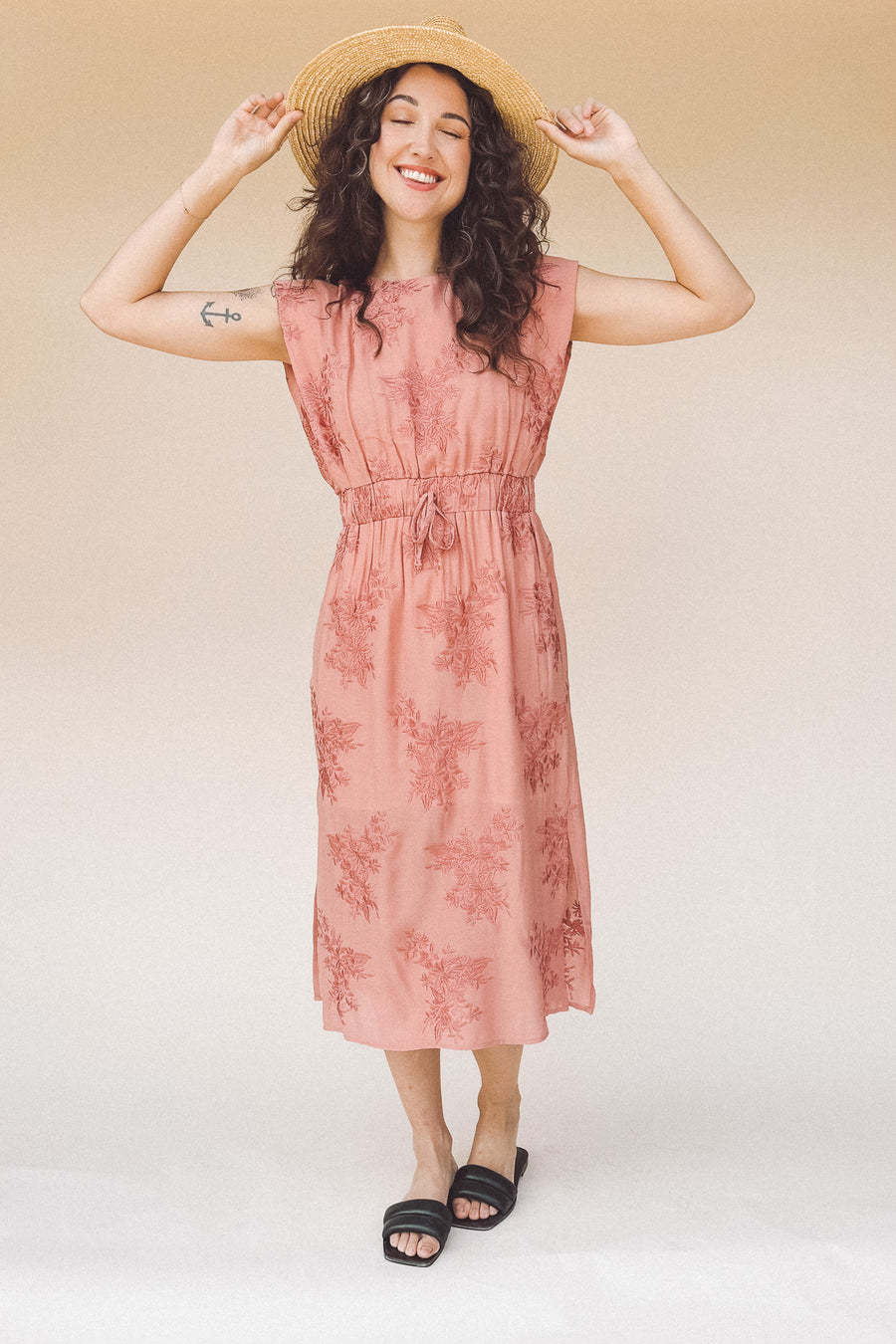 TAYLOR Drawstring Midi Dress in Rose Embroidered Floral (Woven)