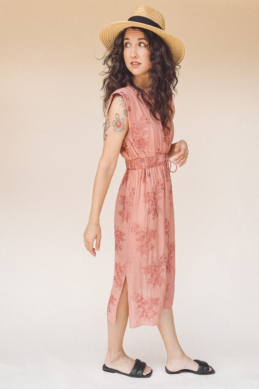 TAYLOR Drawstring Midi Dress in Rose Embroidered Floral (Woven)