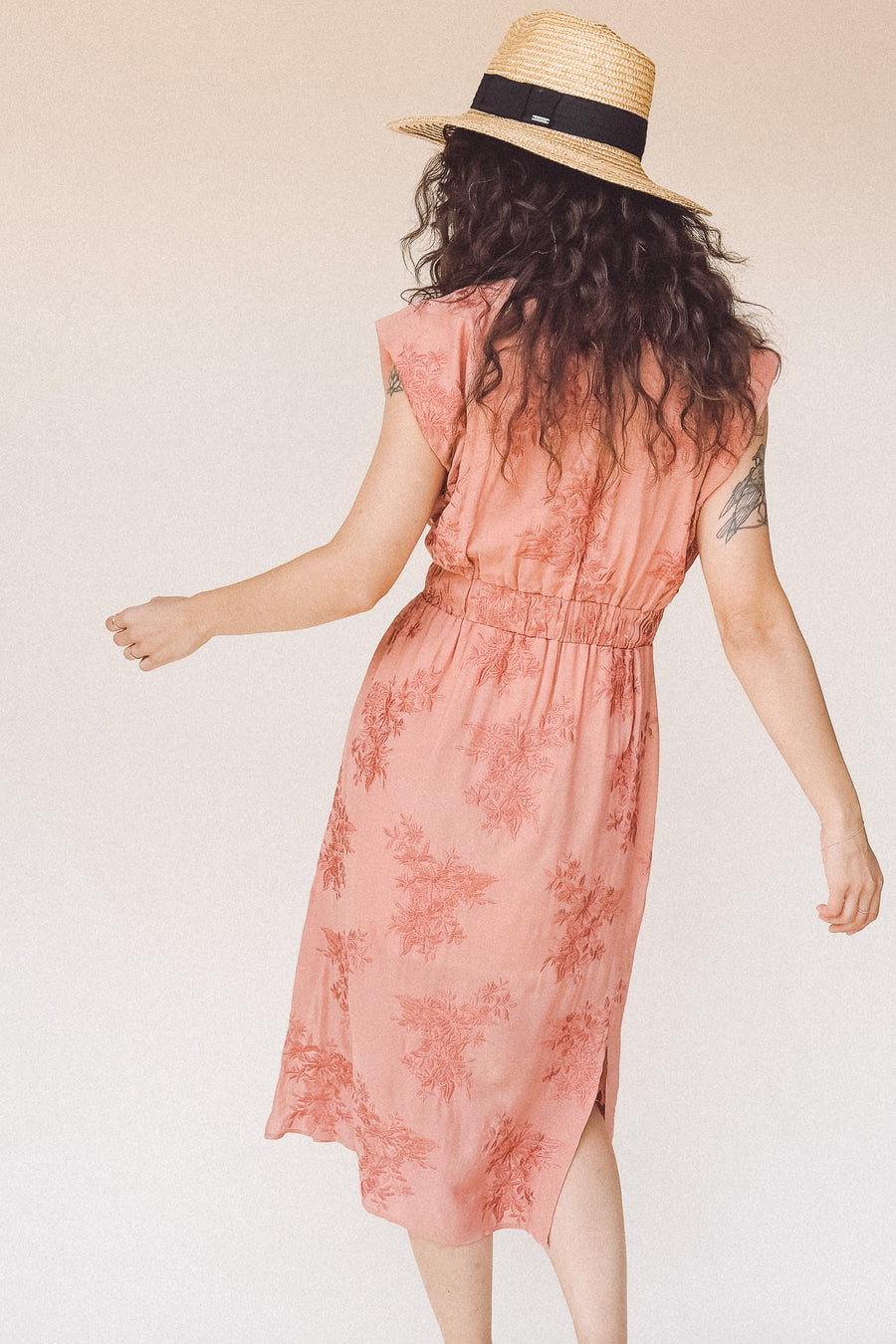 TAYLOR Drawstring Midi Dress in Rose Embroidered Floral (Woven)