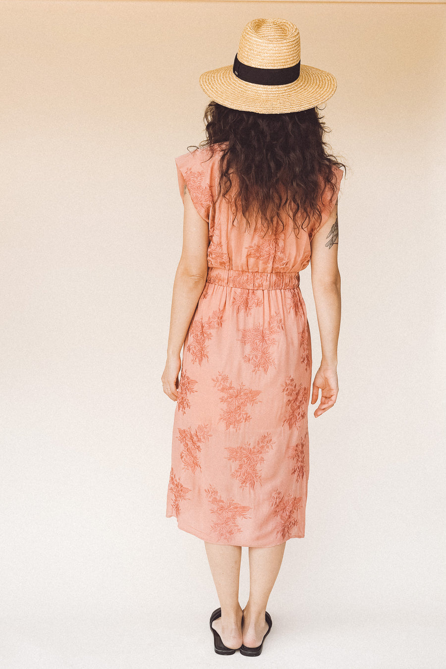 TAYLOR Drawstring Midi Dress in Rose Embroidered Floral (Woven)