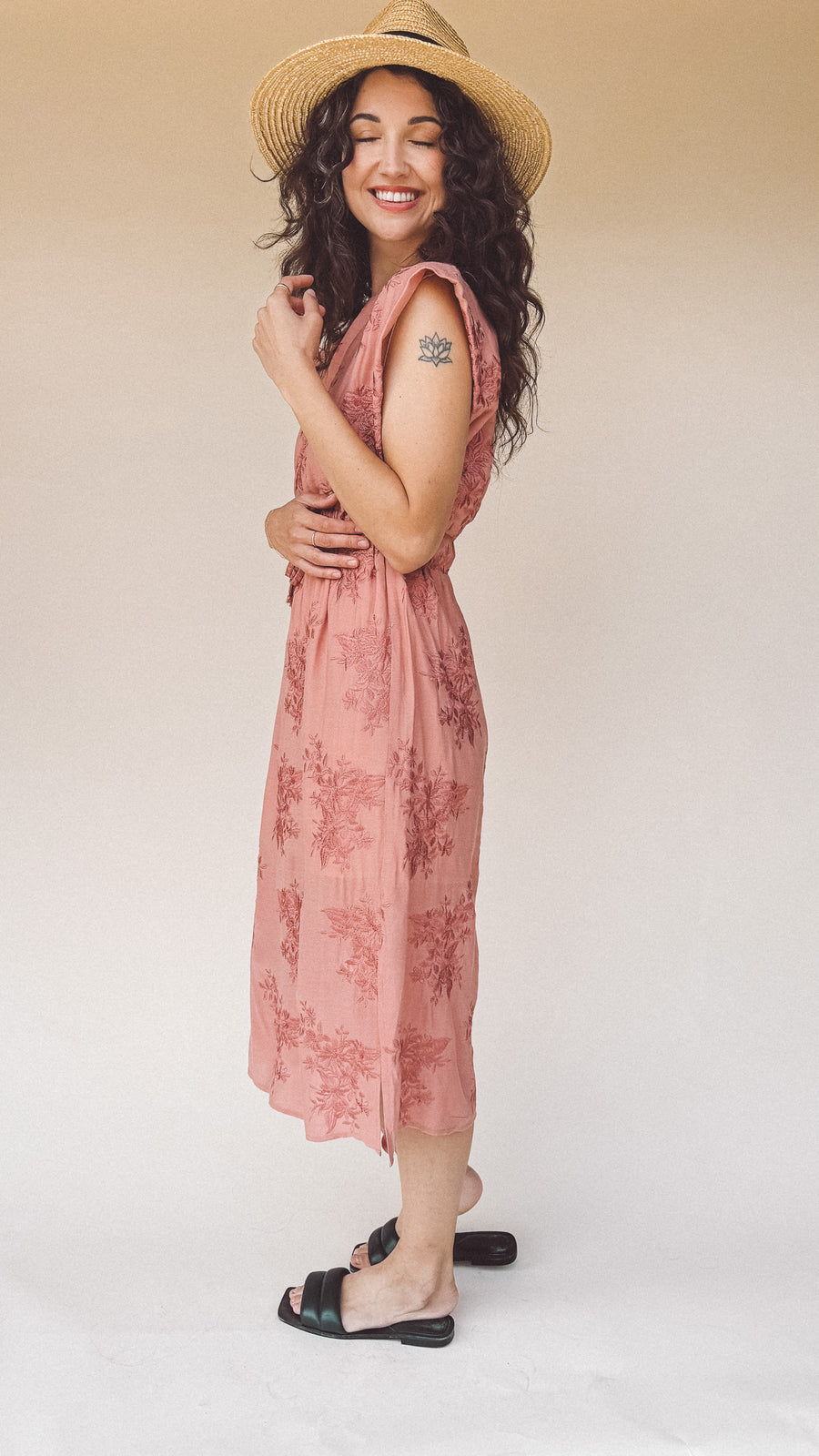 TAYLOR Drawstring Midi Dress in Rose Embroidered Floral (Woven)