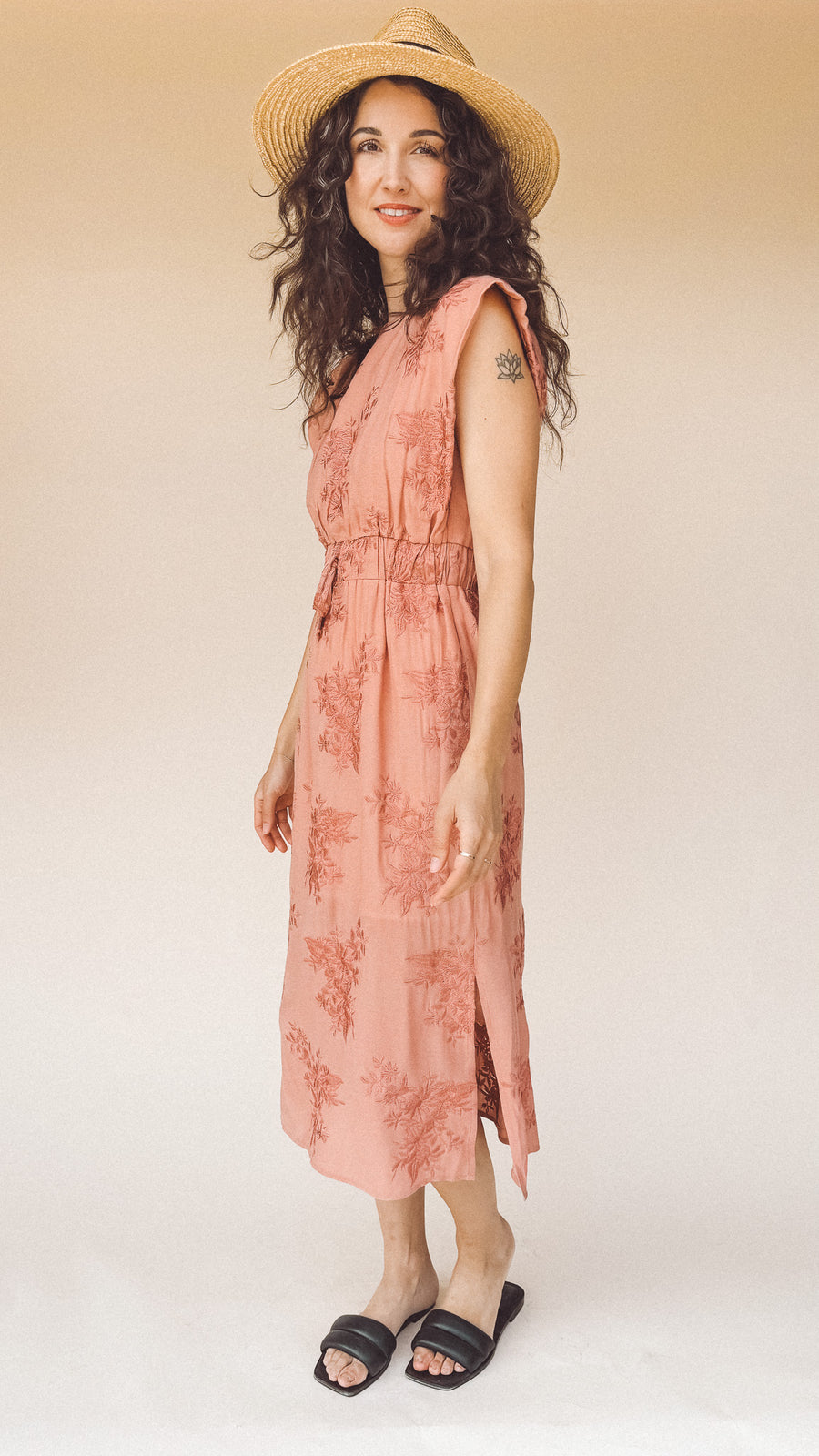 TAYLOR Drawstring Midi Dress in Rose Embroidered Floral (Woven)