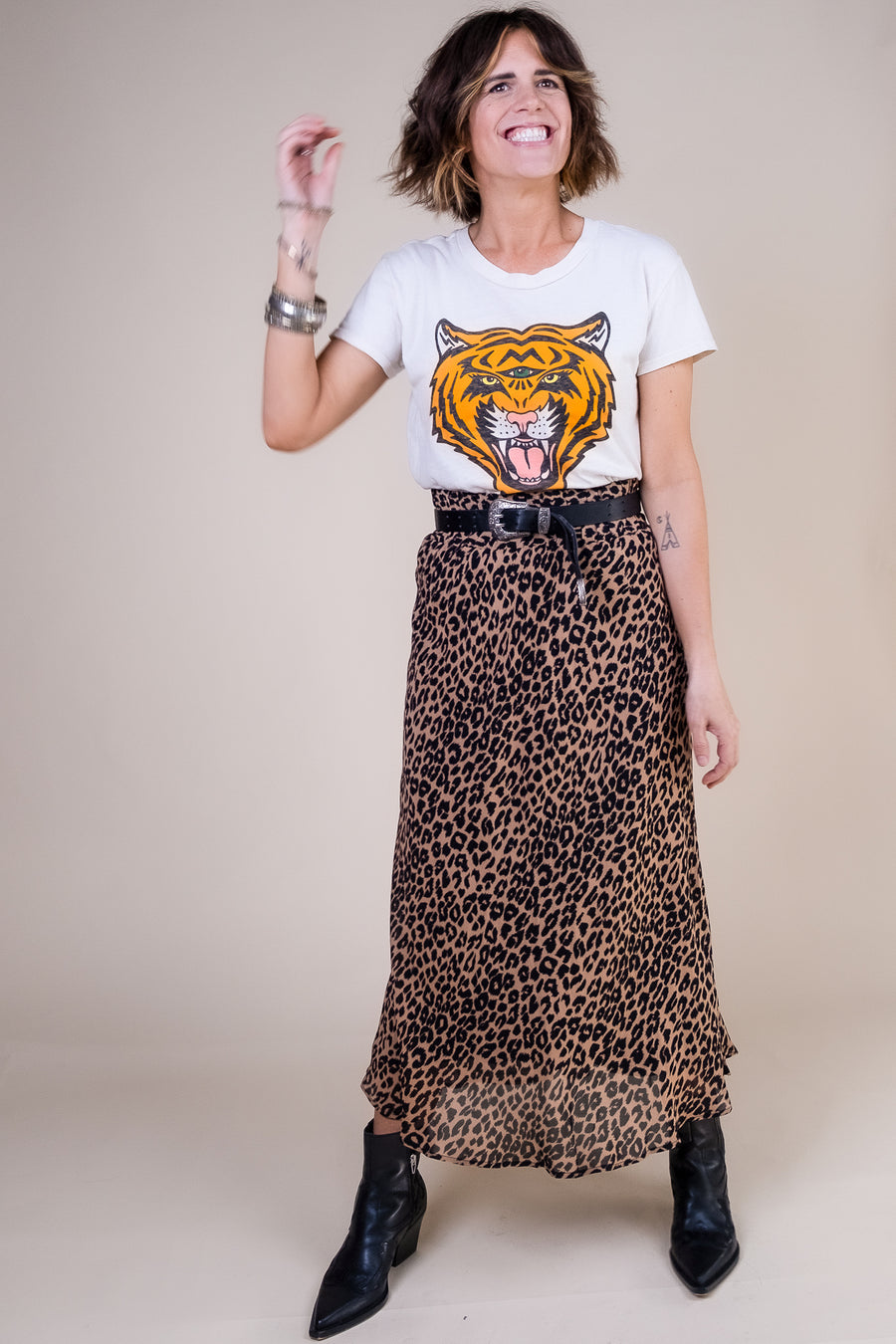 SERENA A Line High Waisted Midi Skirt in Leopard Print